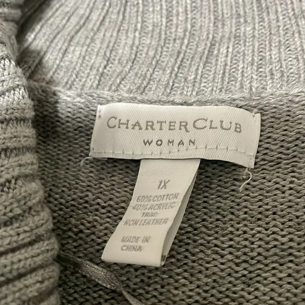 Charter club grey long sleeved faux leather buckle cardigan size 1x